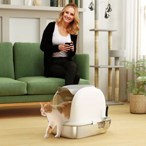 XL-Katzentoilette aus Edelstahl mit Klappdeckel, hohen Seitenwänden, Einstieg von oben und Schaufel – Weiß