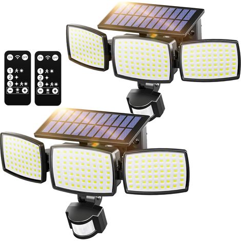 Lampe de sécurité solaire d'extérieur 189 LED 1200 lm, 3 modes, lampes solaires d'extérieur avec télécommande, 3 têtes, détecteur de mouvement, projecteur solaire d'extérieur IP65 pour cour, garage 2P (1/5)