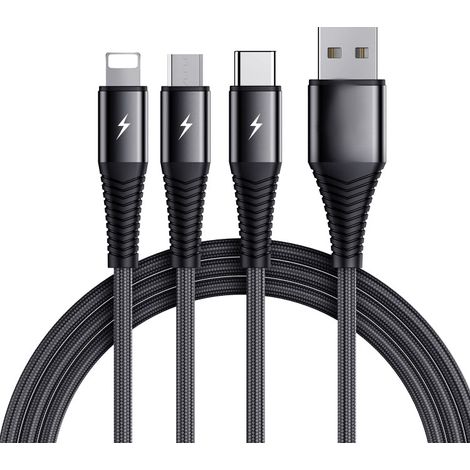 Cable Lightning 3 en 1 SiGN, USB-C, Micro-USB, 3A, 1,2 m - Negro