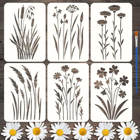 6 Styles Pochoirs à Motifs de Fleurs Sauvages Avec Un Pinceau 29.7x21cm Pochoirs de Peinture de Mauvaises Herbes Pochoirs Quenouilles Thèmes Plantes Modèle Floral pour Carrelage Bois (1/5)