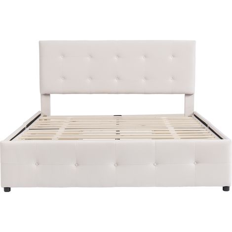 Lit double capitonné 140 x 200 cm avec tiroirs, sommier à lattes et dossier, lit double en velours doux pour adultes et adolescents, beige (matelas non inclus) (1/5)