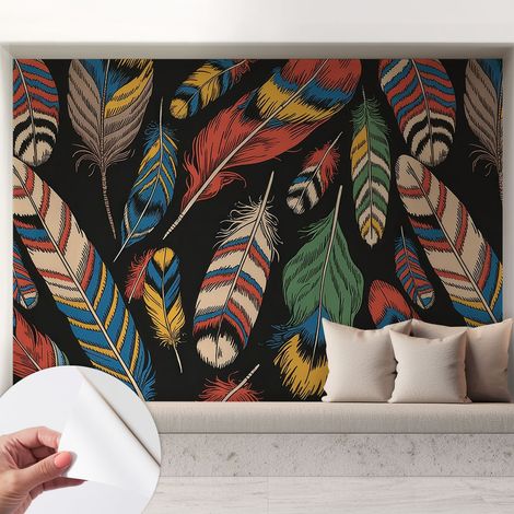 Papier peint adhésif avec colle pour décoration moderne de salon chambre à coucher cuisine et bureau Facile Plumes colorées 208x146 cm (1/5)