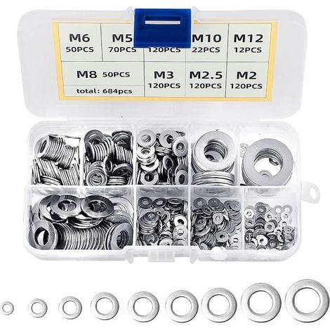 Ensemble d'assortiment de rondelles en acier inoxydable WOVTE 684 PCS 9 tailles (M2 M2.5 M3 M4 M5 M6 M8 M10 M12) (1/4)