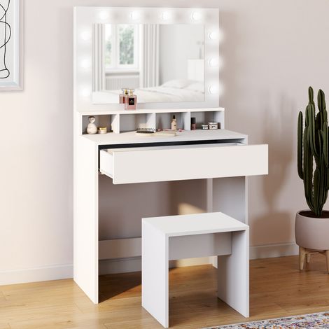 Mueble de tocador ZELIA con espejo LED, 4 huecos, 1 cajón y taburete