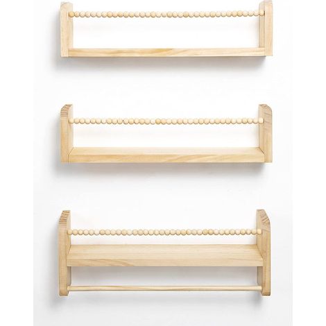 Libreria sospesa - Mobile contenitore compatto in legno massello - Con decorazione a perline di legno - 40 cm - Set di tre pezzi - Camerette per bambini - Camere da letto - 40 cm (1/3)