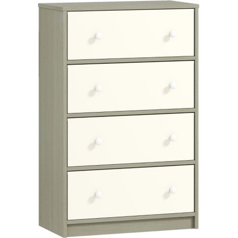 Stylish White and Grey Chest of Drawers with 4 Fabric Storage Bins for Organized Living Room or Bedroom Furniture