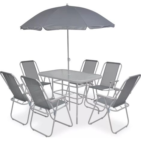 Table rectangulaire avec parasol et 6 chaises de jardin métal gris Castle (1/5)