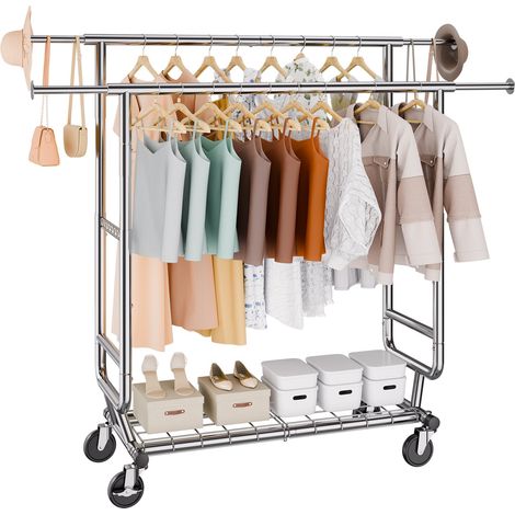 Portant à Vêtements Mobile Porte-Manteau avec Roulettes 1 Étagère 2 Tringles Extensible 128-191 cm Hauteur 144-187 cm Penderie à Vêtements en Acier Charge 272 kg pour Rangement Chambre à Coucher (1/5)