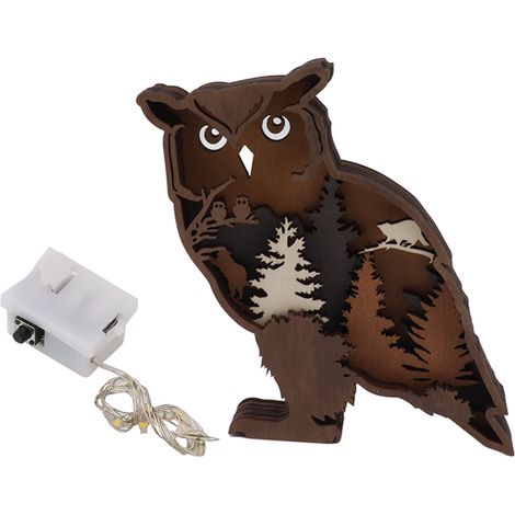 Hibou en bois sculpté 3D avec LED, décoration murale lumineuse, artisanat animal en bois pour maison, ornement de chambre (1/5)