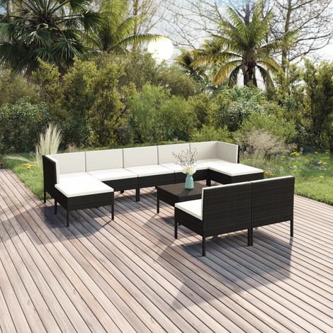 10-tlg. Garten-Lounge-Set mit Auflagen Poly Rattan Schwarz (1/5)