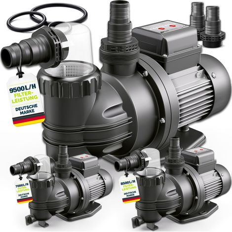 tillvex® Filterpumpe Pool 9.500L/h & 550W Schwimmbadpumpe Förderhöhe max. 10m Poolfilter Umwälzpumpe für 40m³ Pools Poolpumpe selbstansaugend für Pools Aufstellpool Spa mit Vorfilter