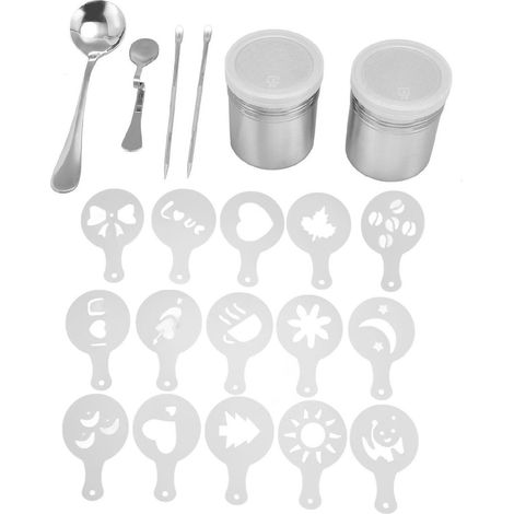 Pochoirs de décoration de café, ensemble de stylos à découper, outil de moule d'art de Latte Portable en acier inoxydable avec cuillères à poudre (1/5)