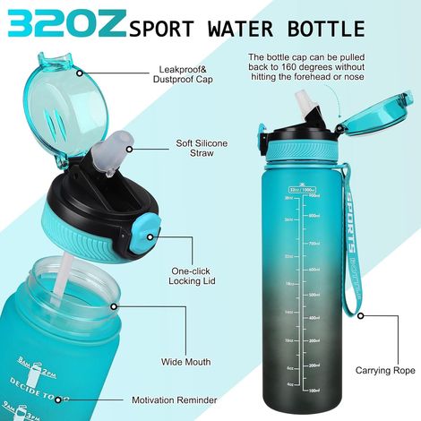 Bouteille d'eau de 1 L sans BPA avec paille, passe au lave-vaisselle, couvercle anti-fuite, bouteille d'eau motivante avec marquages de temps, non toxique (1/5)
