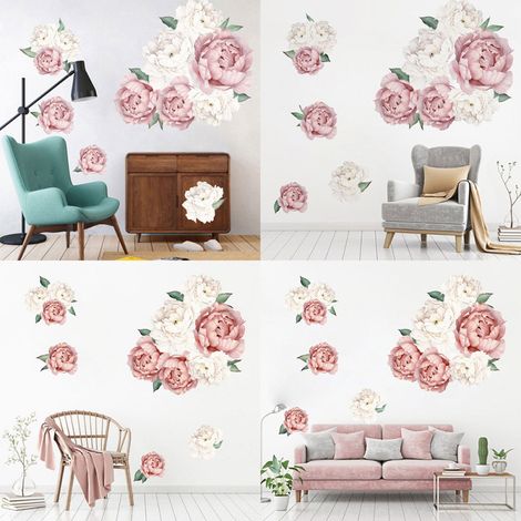 Stickers muraux en vinyle à motif pivoines et roses épanouies, style art moderne, rose foncé. Peinture autocollante. (1/5)