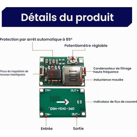 Module Mini 360 Abaisseurs DC-DC, Convertisseur 4.75-23V vers 1,0V-17V de Tension Réglable, Régulateur d’Alimentation 3A pour Projets Électroniques DIY (1/3)