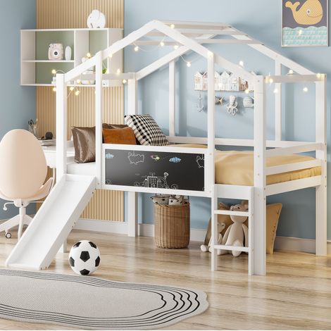 CHICFURN Cama alta infantil 90x200 cm blanca con tobogán y pizarra, sin colchón (1/5)
