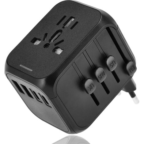 APEX Adaptateur de voyage universel USB - Compatible avec plus de 150 pays - 4 ports USB (2 USB-C, 2 USB-A) - Protection automatique - Noir (1/5)