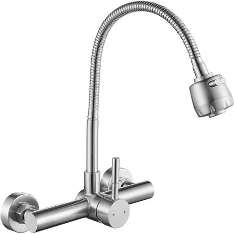 Rubinetto da cucina a parete in acciaio inox nichel spazzolato, senza piombo, interasse 20 cm, con doccetta flessibile.