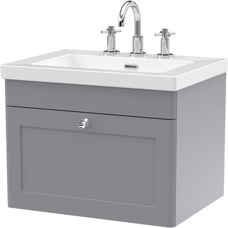 Swynnerton Traditional 1 Drawer Wall Hung Vanity Unit with Fireclay Basin, Satin Grey, 600mm