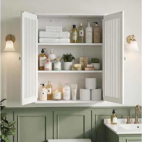 Armadietto da Bagno Pensile con 2 Ante a Doghe, Contenitore Salvaspazio da Parete in MDF Bianco (1/5)