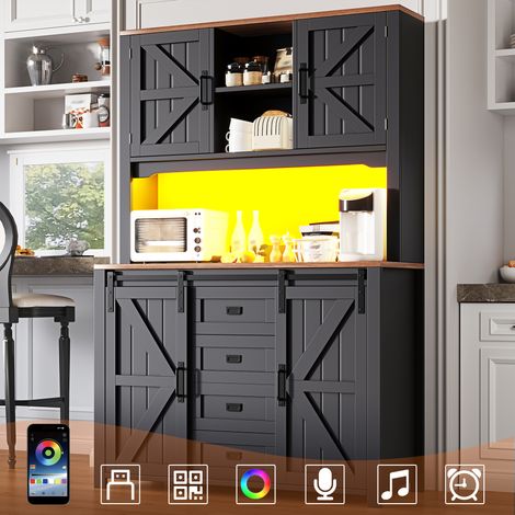 Meubles cuisine 115x40x174,7 cm buffets hauts portes coulissantes LED noir blanc