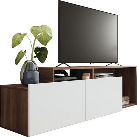 Beaux Meubles Pas Chers – Meuble TV 50 pouces 2 portes abattantes – Blanc et châtaignier – L 164 x H 46.5 x P 37.5 cm – Bois certifié FSC (1/5)