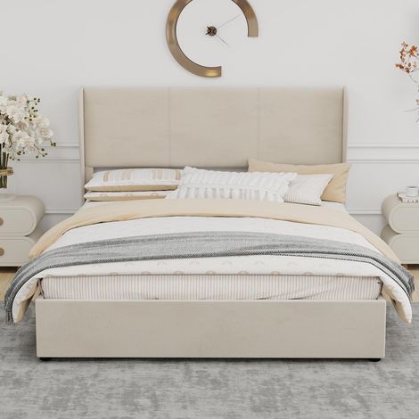 , Lit rembourré moderne et minimaliste,  160x200cm,  beige,  meuble de chambre multifonctionnel avec tête de lit douce et confortable,  sommier coffre haut avec mécanisme de levage à gaz...