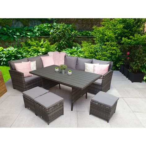 Signature Weave Charlotte Wicker Corner Sofa Dining Wood Table Set Stools Grey (1/4)