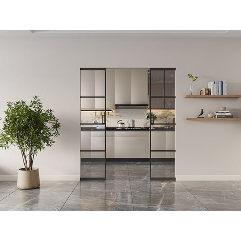 Porte coulissante double avec système à galandage - aluminium et verre trempé transparent - 2 x H205 x L83 cm - SINCA II (1/2)