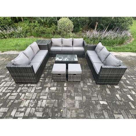 Fimous Outdoor Lounge Sofa Set Wicker PE Rattan Garden Furniture Set with Oblong Coffee Table Side Table 2 Small Footstools Dark Grey Mixed (1/5)