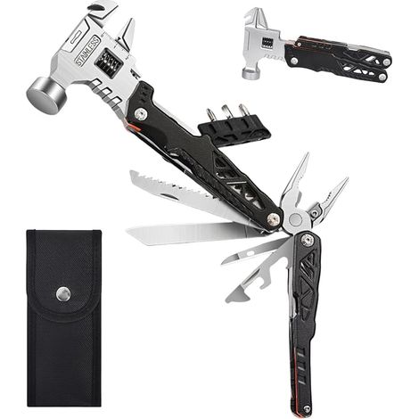 Martillo multifunción 18 en 1 de acero al carbono, herramienta multiusos portátil para camping, senderismo, emergencias y supervivencia al aire libre (negro) (1/5)