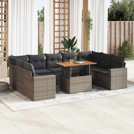 Ensemble Salon Jardin 10 Pièces Gris Résine Tressée Modulable avec Coussins, Table Réglable et Rangement (1/5)