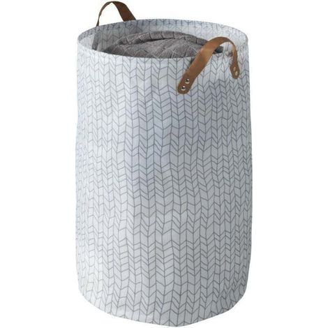 Panier à linge Geo , panier à linge sale souple avec poignée de transport en similicuir, Capacité 75 L, Polyester, 40x60 cm, Blanc filigrane géométrique - Marron (1/4)