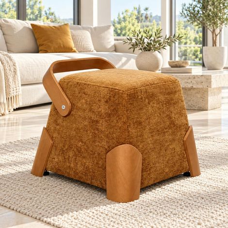 Pouf design moutarde avec poignée en bois IENA (1/4)