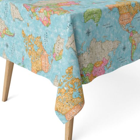 Nappe Anti-Taches enduite Coton Ronde 140 cm Carte du Monde Bleu (1/5)