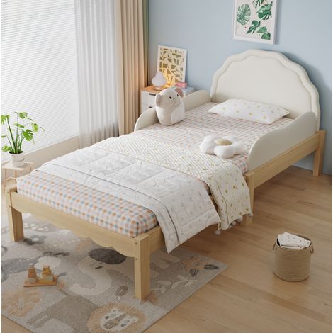 Letto singolo per bambini 90x200 cm, con testiera in PU e sponde laterali, rete a doghe, beige, senza materasso (1/5)