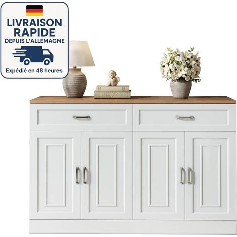 Aparador y bufet - Estilo clásico - Cuatro puertas y dos cajones - Madera con certificación PEFC - 120 × 35 × 80,5 cm - Blanco (1/5)