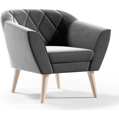 Sofello Sessel aus Velour Samt grau KARO Relaxsessel Fernsehsessel im Skandinavischen Stil Polstersessel auf hohen Holzbeinen hohe FüSSe moderne Steppung (1/5)