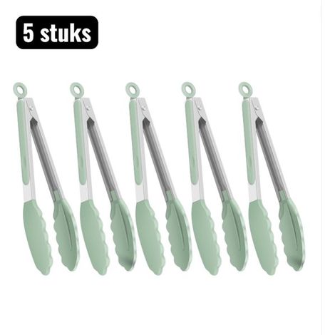 Lot de 5 pinces barbecue – Pinces alimentaires en acier inoxydable avec revêtement nylon – Résistantes à la chaleur – Pour cuisine, pain et grillades – Vert clair (1/5)