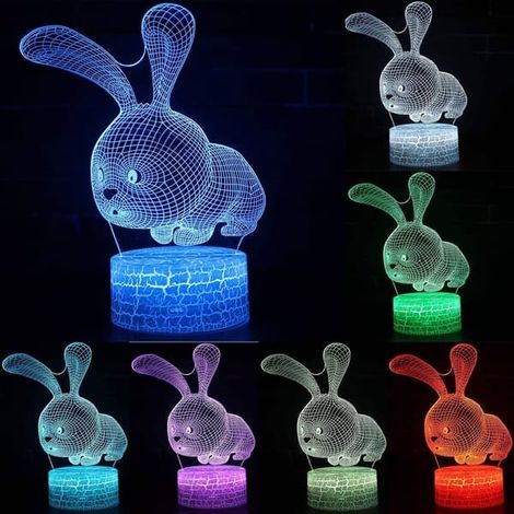 Veilleuse 3D Lapin de Pâques illusion d'optique pour enfants, lampe LED colorée USB, cadeau idéal pour décorer la chambre d'enfant à Noël ou pour un anniversaire. (1/5)