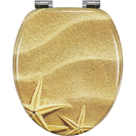 Abattant WC avec système d'abaissement automatique, en bois MDF, solide et facile à monter, abattant de WC décoratif avec de beaux motifs (plage de sable doré) (1/5)