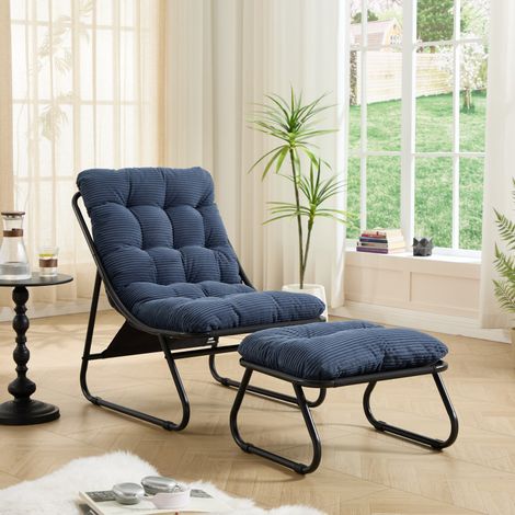 Fauteuil jardin repose-pieds – Inclinable – Coussin bleu marine – Noir – Salon/Chambre/Lecture – Détente (1/5)