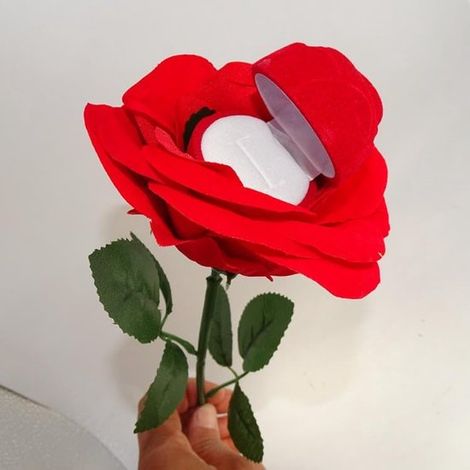 Un écrin à bague de fiançailles contenant une bague de fiançailles, des roses rouges, des fleurs artificielles et des objets décoratifs (1/5)