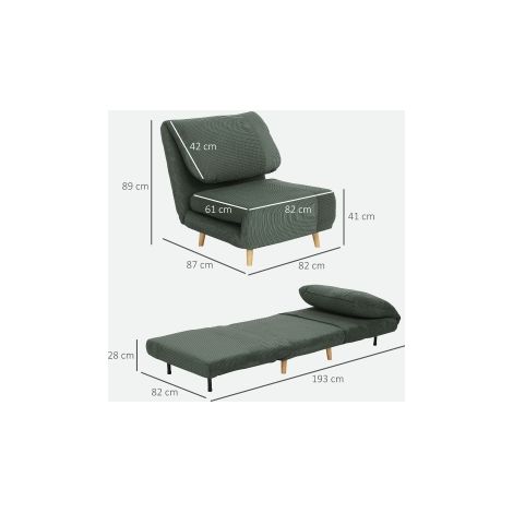 Canapé-lit 2 en 1 Fauteuil-lit Réglable avec Matelas Pliant, Lit d'Appoint en Tissu Cord, pour Chambre et Salon, Vert, 82 x 89 x 83 cm (1/5)