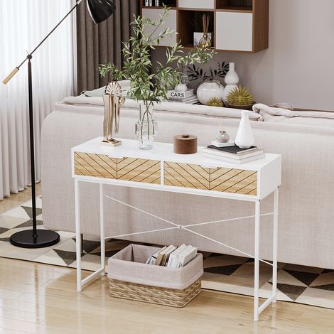 Table console moderne avec 2 tiroirs - 100x30x75cm - table basse pour le salon - table d’entrée en métal avec structure en croix - blanche