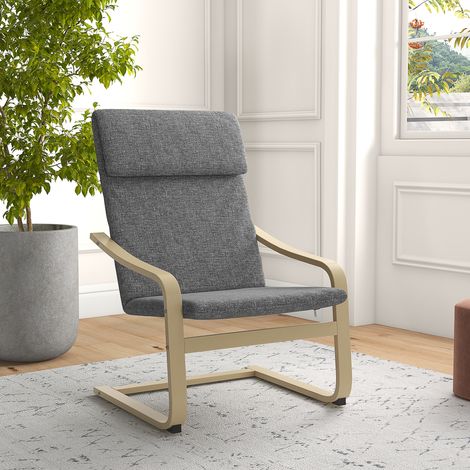 Poltrona con poggiatesta e braccioli, rivestimento effetto lino, struttura in legno, grigio + naturale