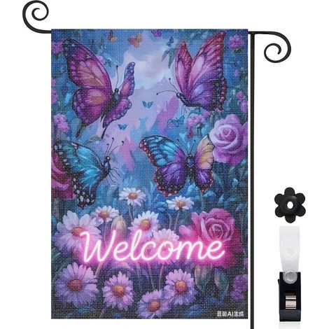 Drapeau de jardin papillons jaunes et violets 30 x 45 cm décoration extérieure jardin (1/5)