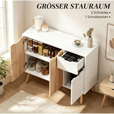 Credenza scandinava con cassetto e ante, bianco e rovere chiaro, 90 x 30 x 72 cm (1/5)