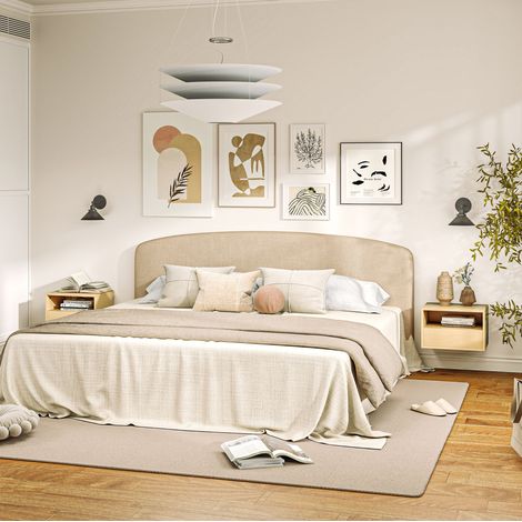 Chevets suspendus lot de 2 style moderne, bois naturel, 1 tiroir et 1 niche ouverte, 45 x 35 x 27,5 cm (1/5)