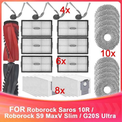 Pièces détachées compatibles avec Roborock Saros 10R / S9 MaxV Slim : brosse principale, filtre, sac à poussière, accessoires et consommables